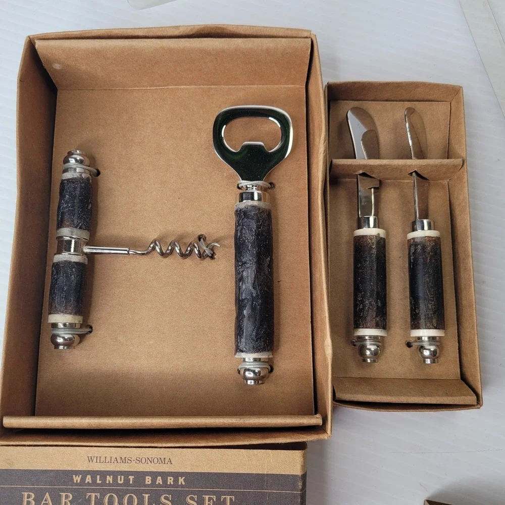Williams Sonoma Walnut‎ Bark Bar Tool Set & Spreaders Corkscrew New Old Stock